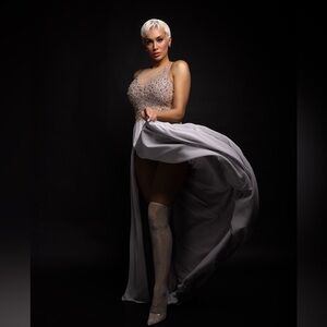 Terani Couture Beige Blue/Gray Dress